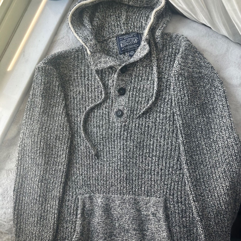 Y2K Knit Drawstring Hoodie Heather Grey Ribbed Mall Core 2000s Pocket